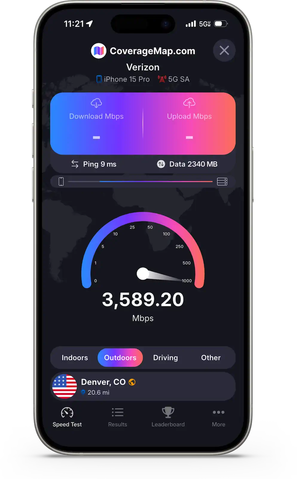 Speed test running on the CoverageMap app