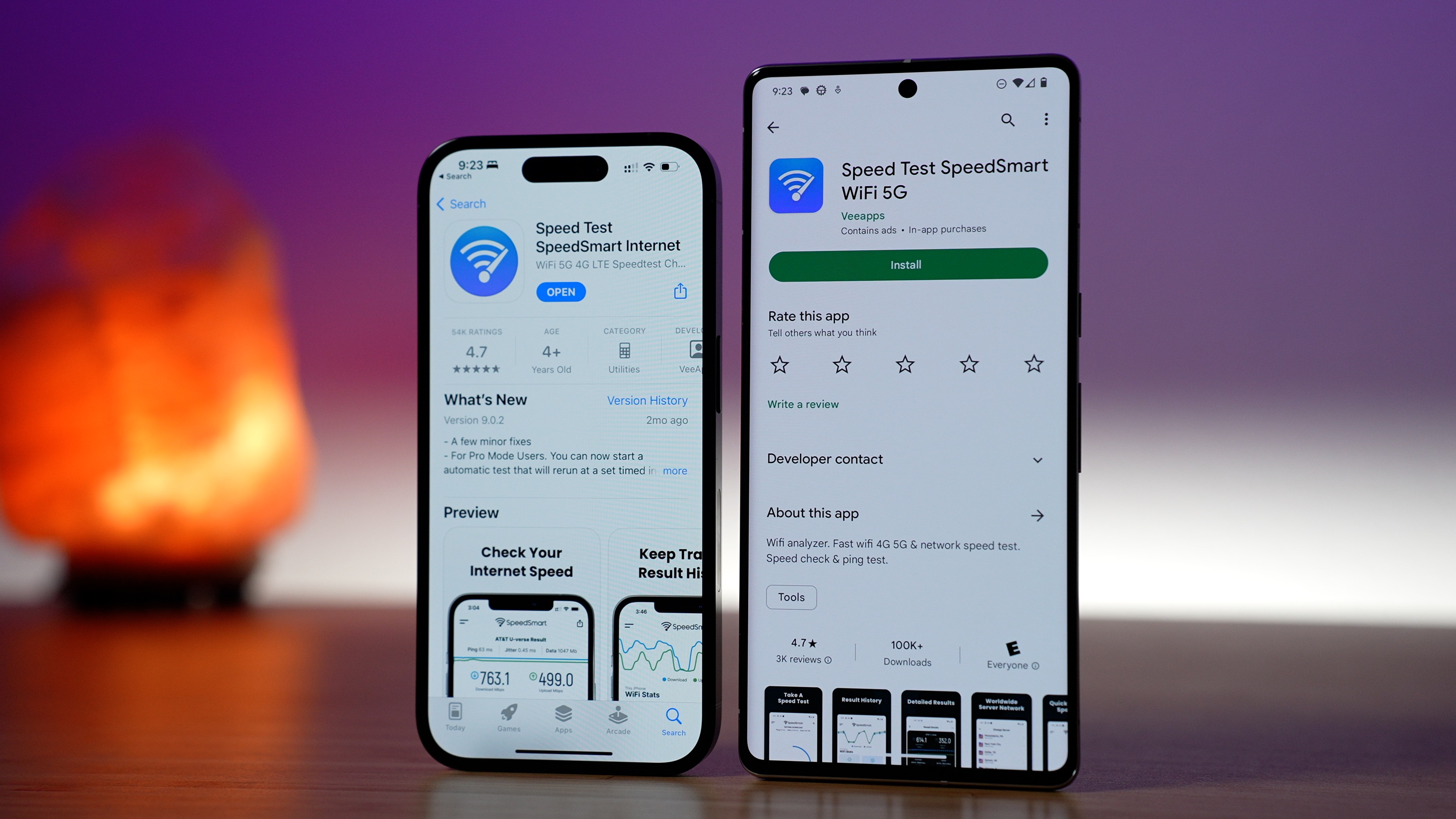 SpeedSmart app store page displayed on an iPhone and a Google Pixel 7 Pro