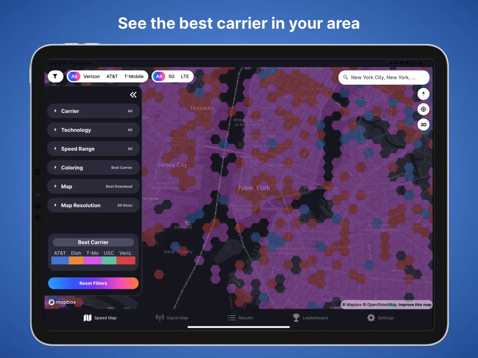 Coverage Map app showing New York City with Best Carrier view