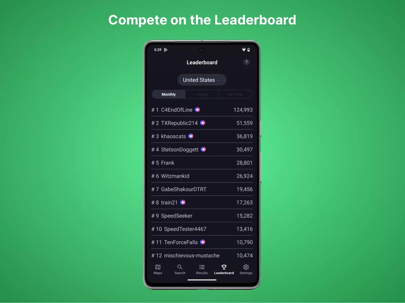 Leaderboard view in the Coverage Map app