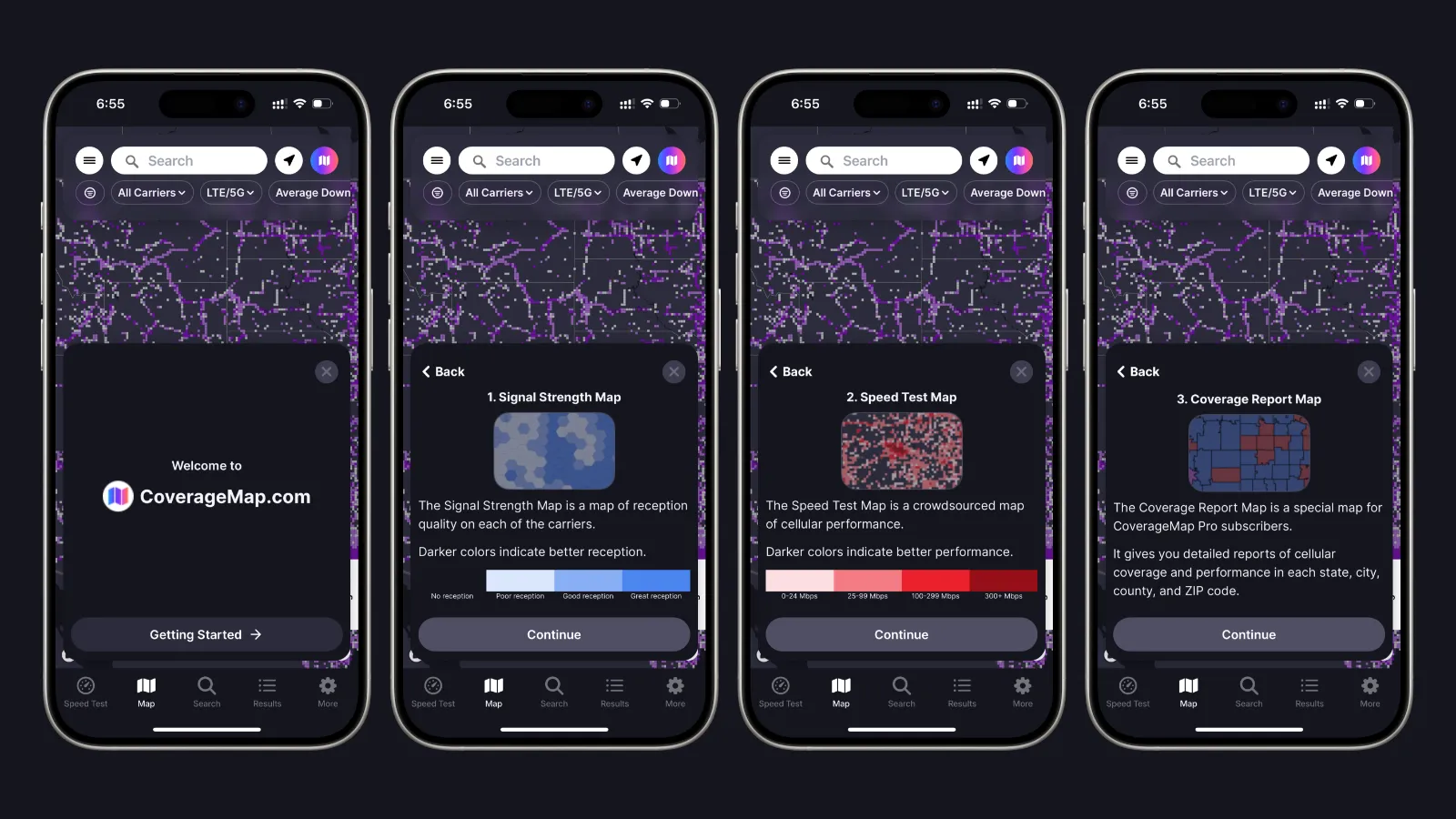 A welcome modal guides first-time users through maps and features