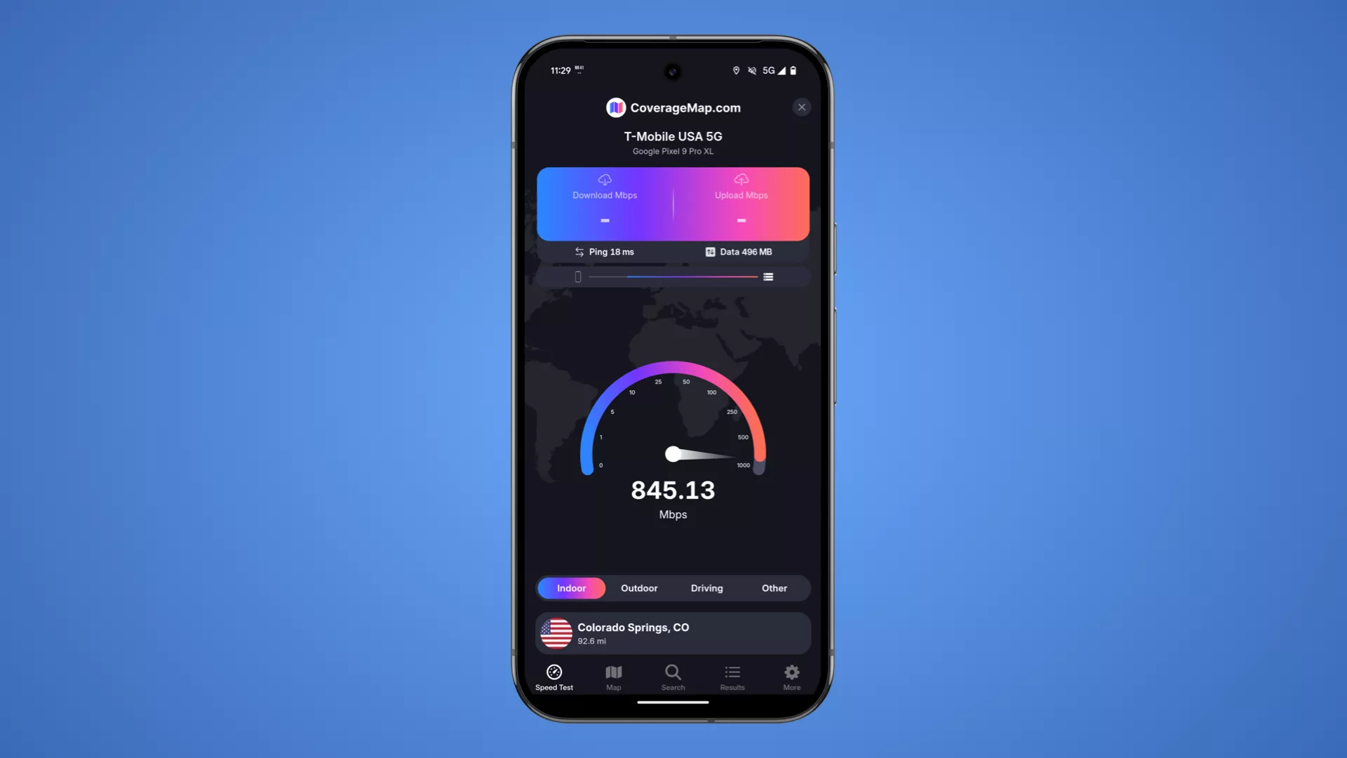 New built-in speed test in the Coverage Map app for Android