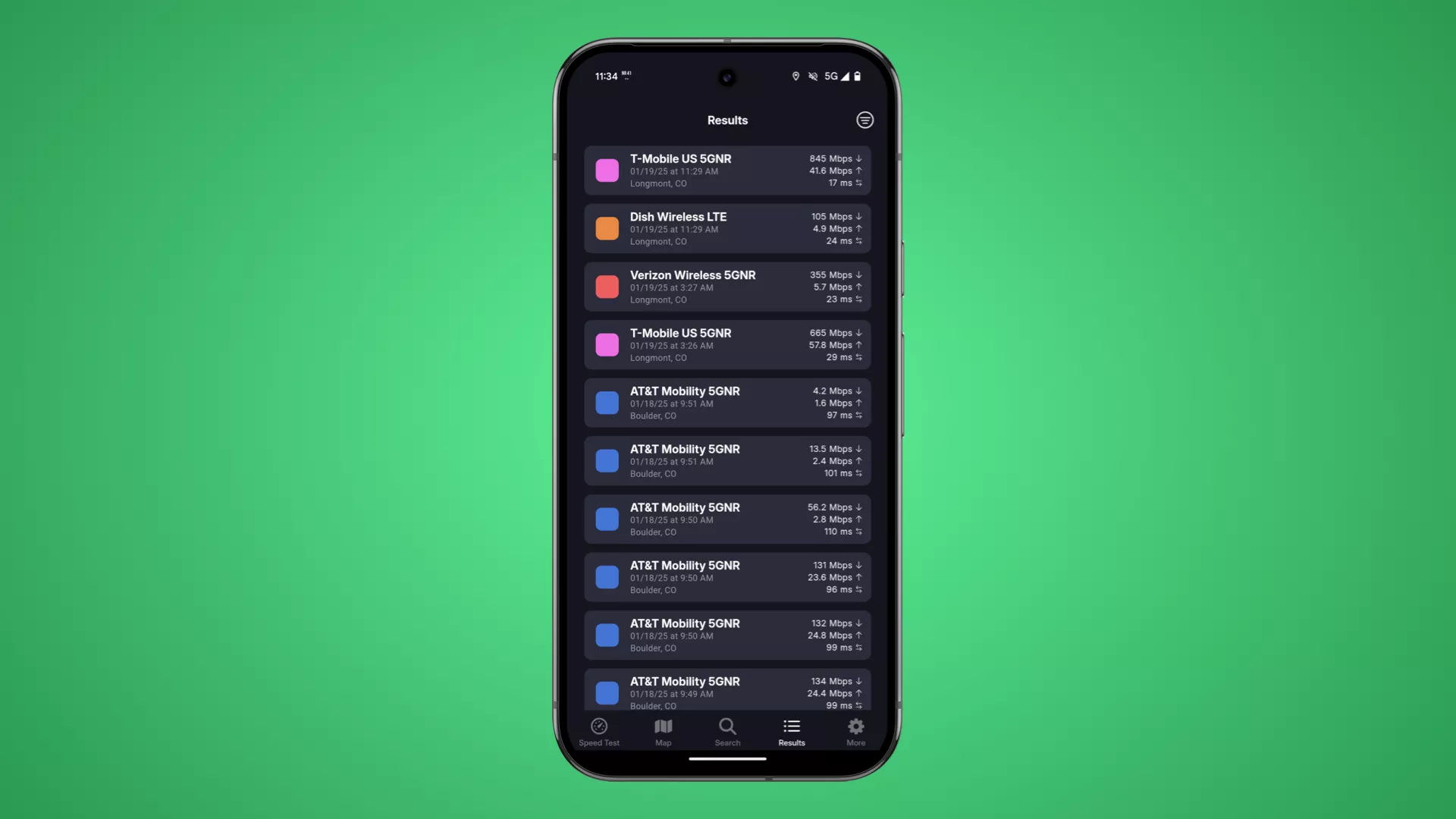 Filter and sort speed tests in the Coverage Map app